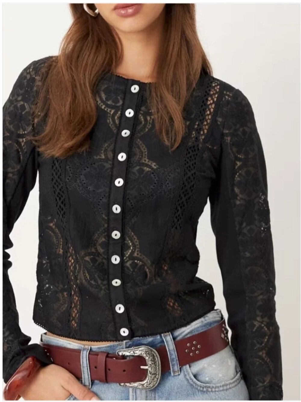 Free People NWOT Black Lace Long Sleeves Top Blouse Shirt Cotton Nylon size XS